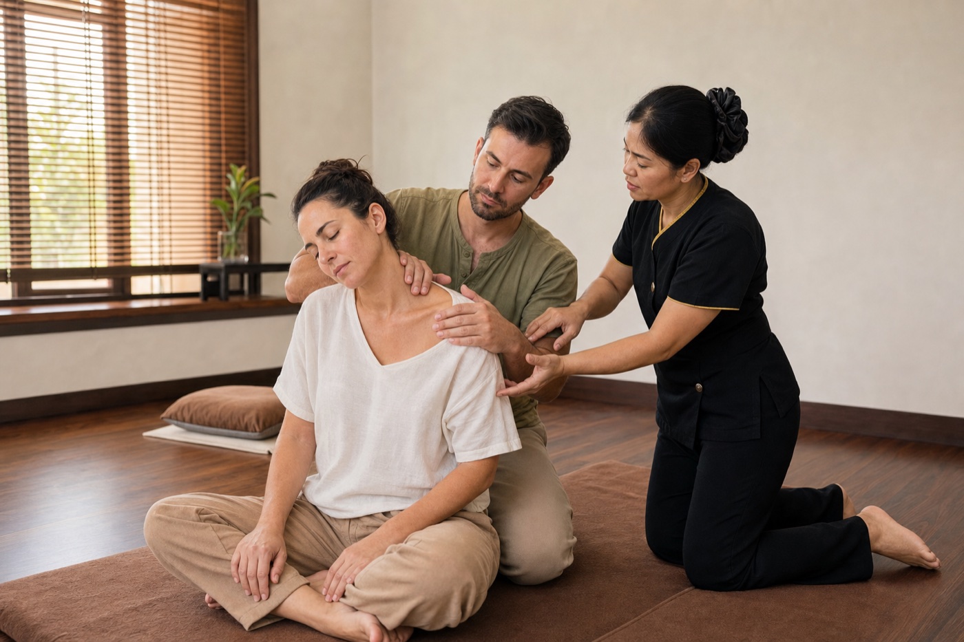 Couple learning a seated Thai shoulder massage with instructor guidance