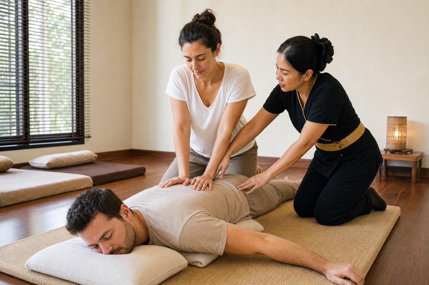 Couple practicing guided Thai back massage on floor mats