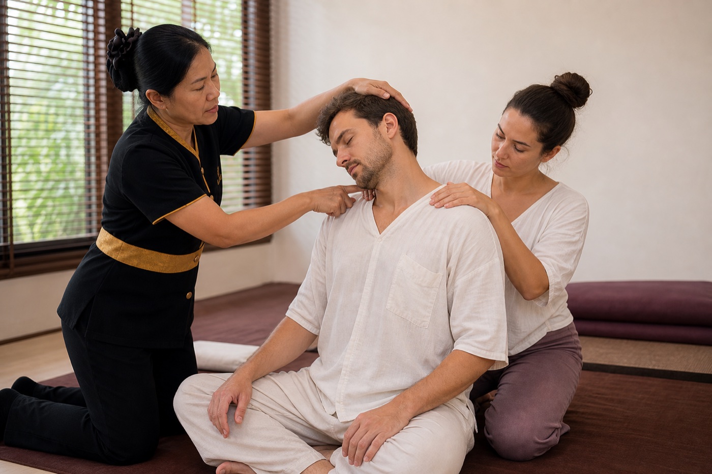 Couple practicing a gentle Thai neck and shoulder release