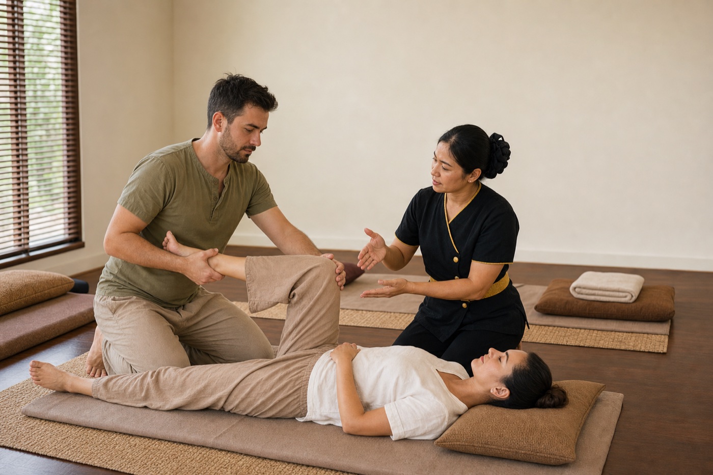 Couple learning a safe assisted Thai leg stretch