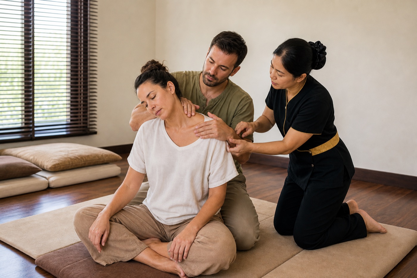 Couple practicing therapeutic Thai shoulder compression