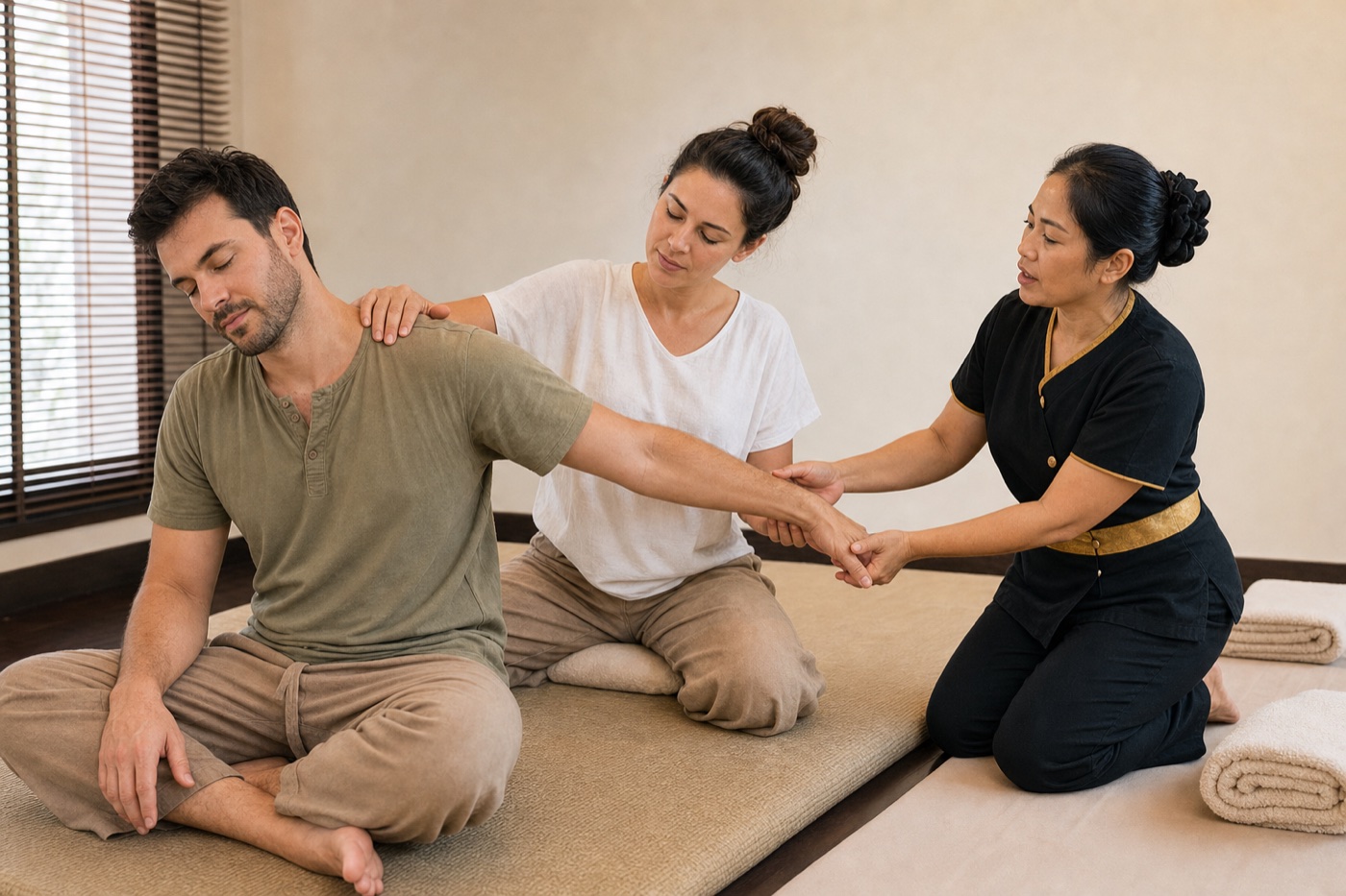 Couple learning a gentle Thai arm and hand stretch