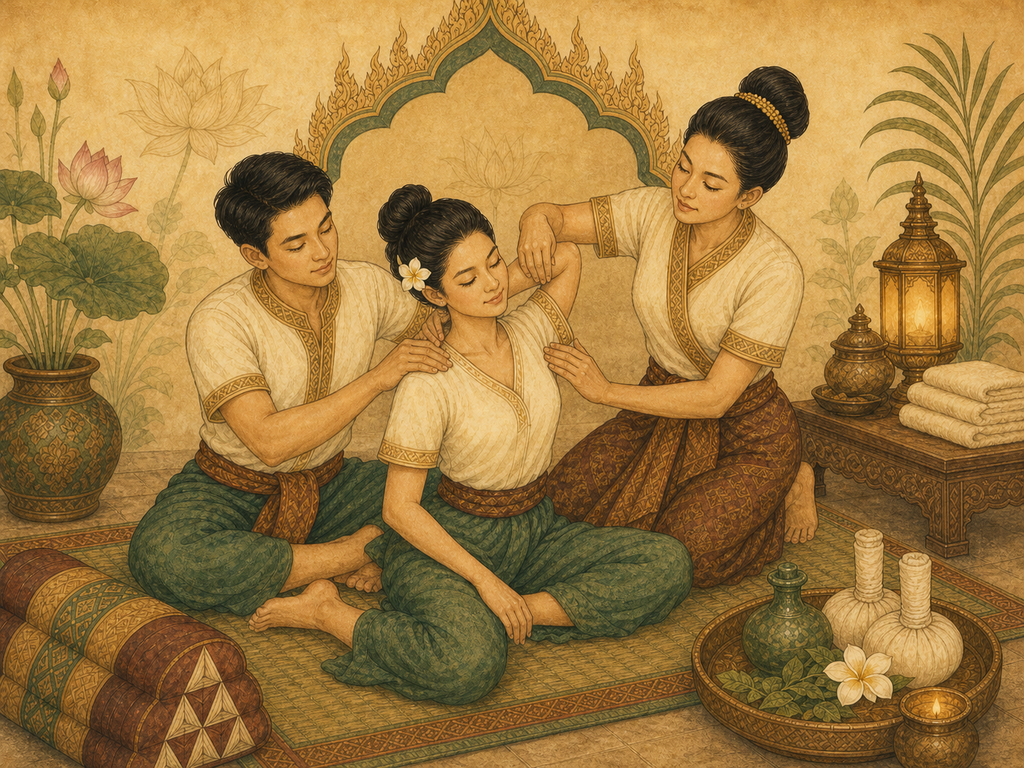 Thai illustration of a couples massage workshop with instructor corrections