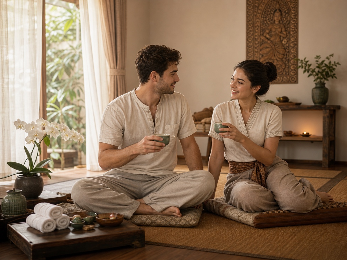 Private couples massage workshop in a warm Thai training room