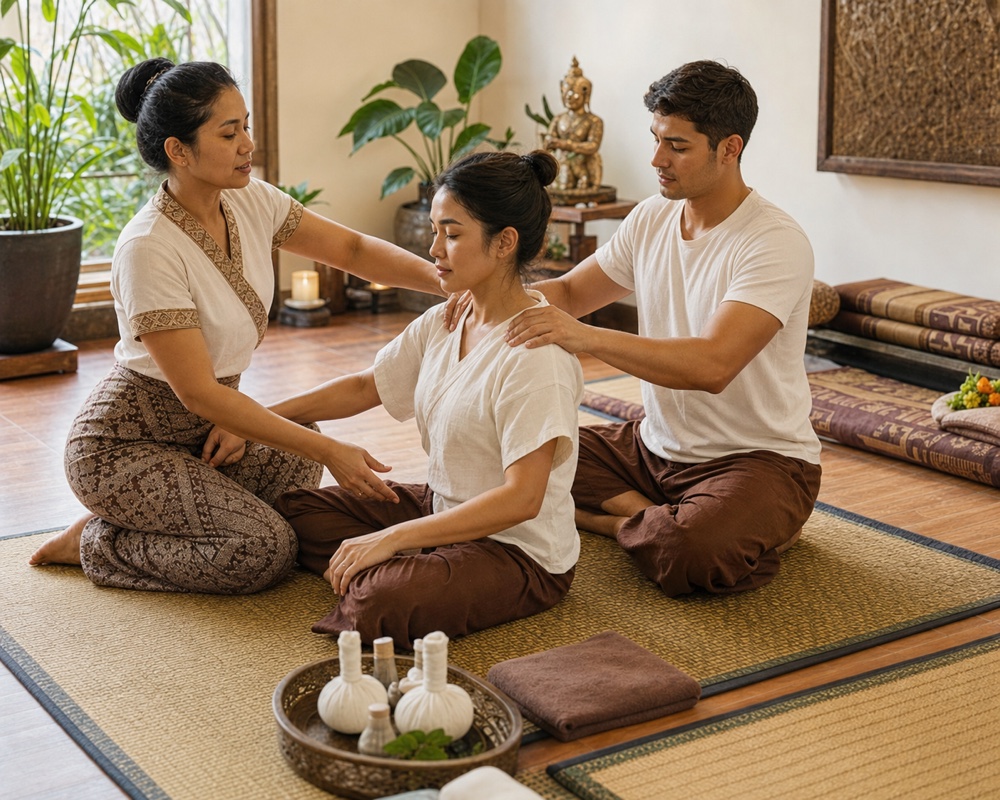 Couple practicing Thai shoulder massage with instructor guidance