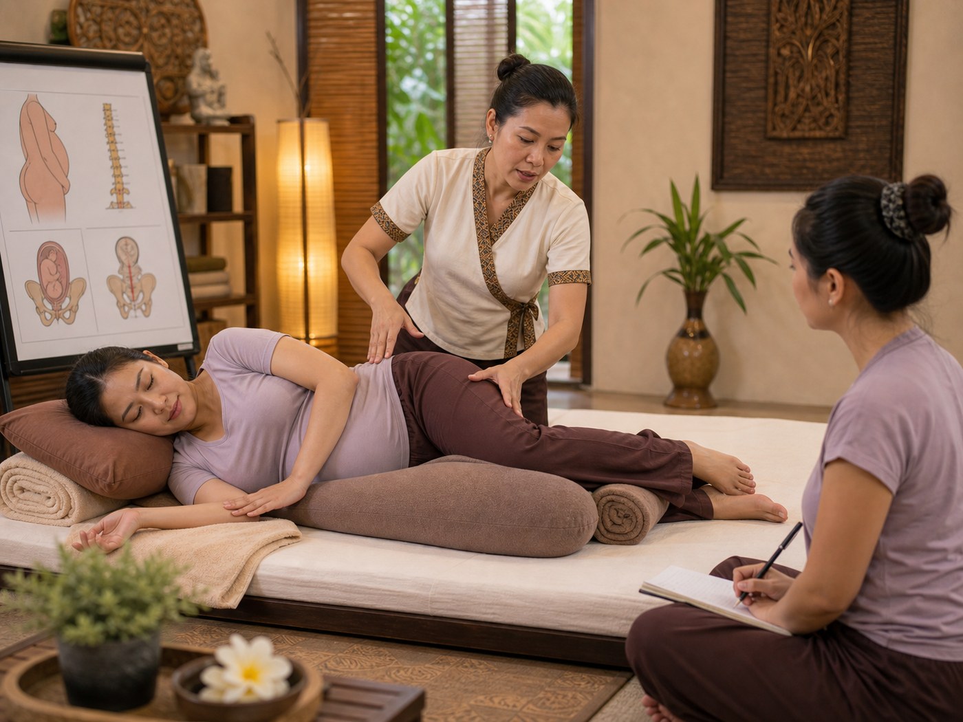 Pregnancy massage side-lying positioning with bolster support