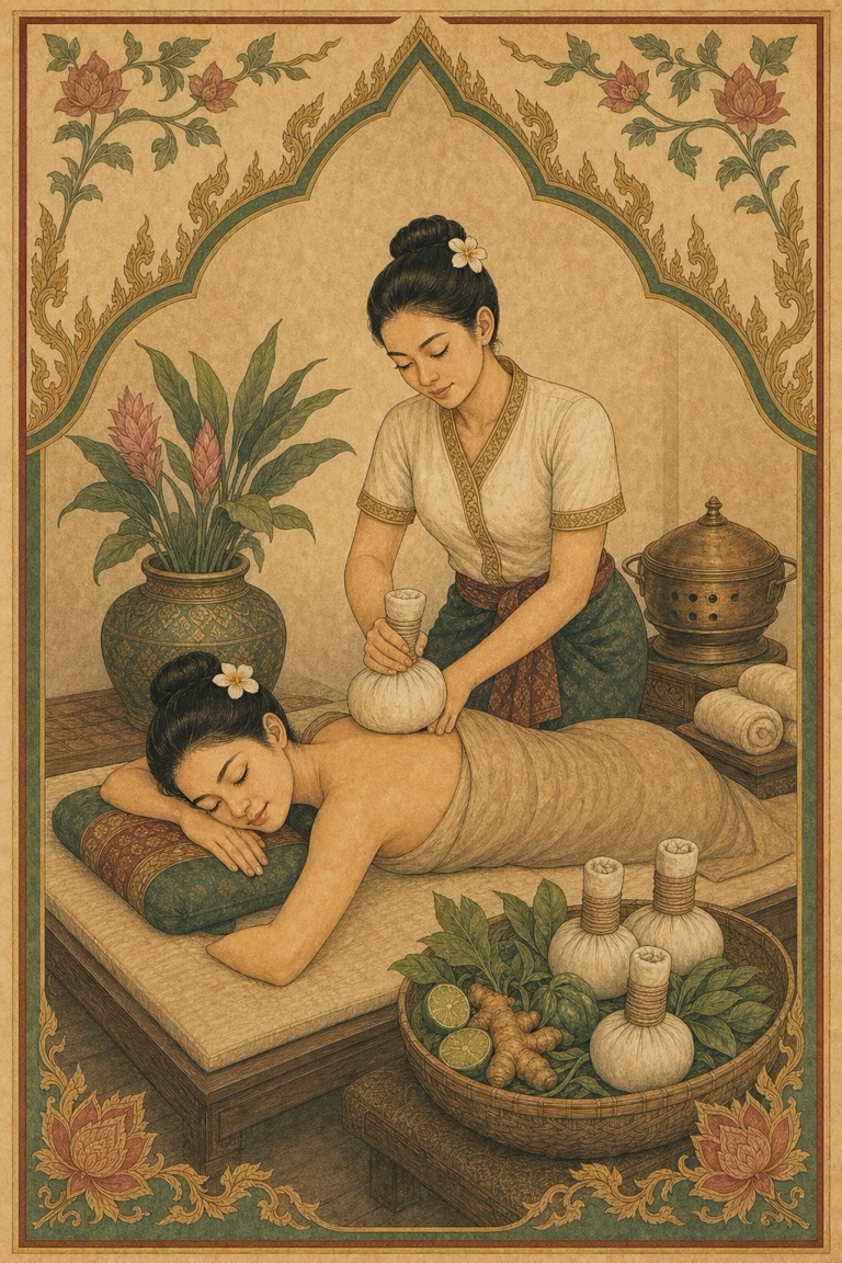 Illustration of Thai herbal compress massage training