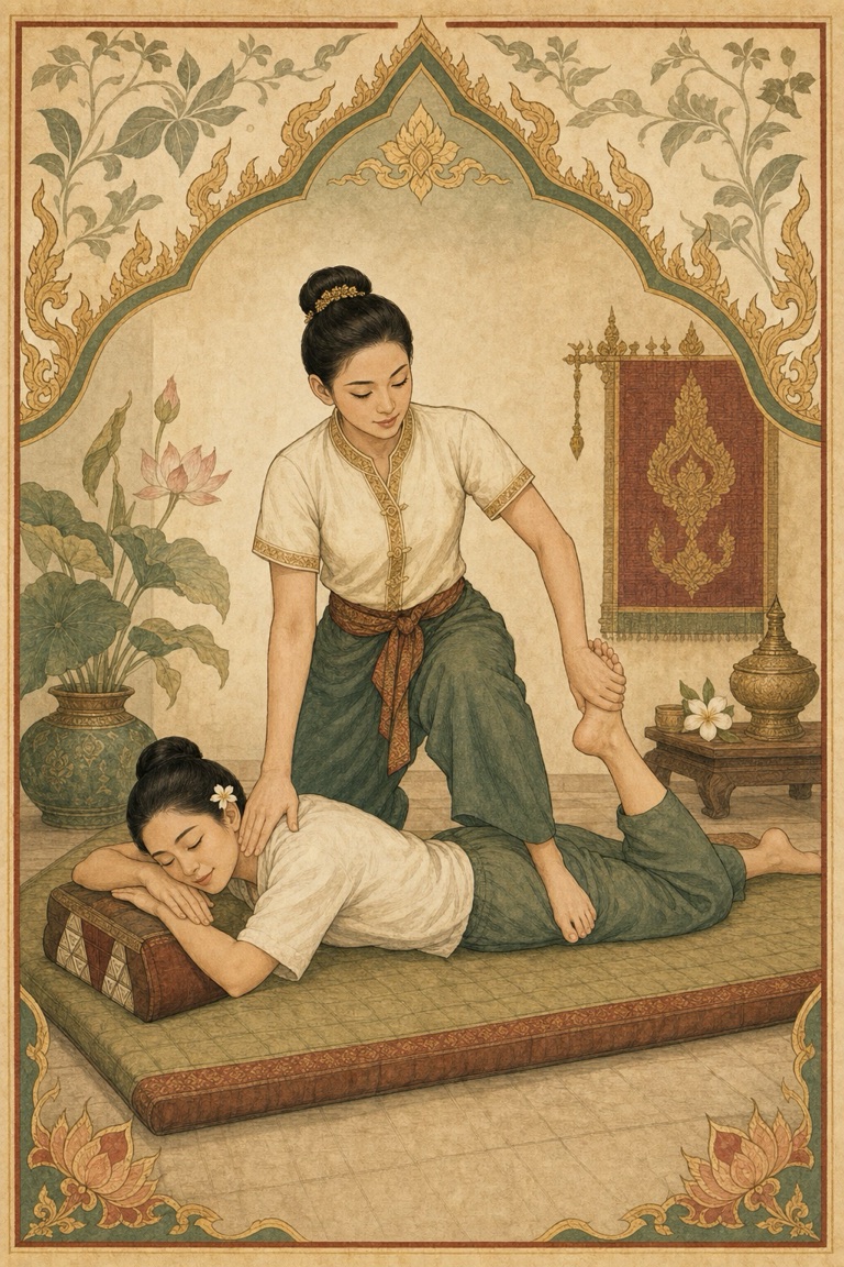 Illustration of traditional Thai massage training at Nuad Thai School