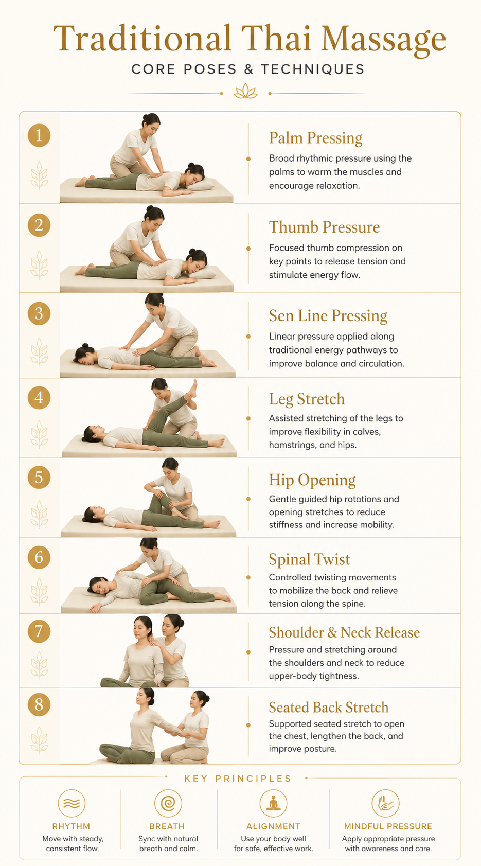 Traditional Thai Massage core poses and techniques infographic