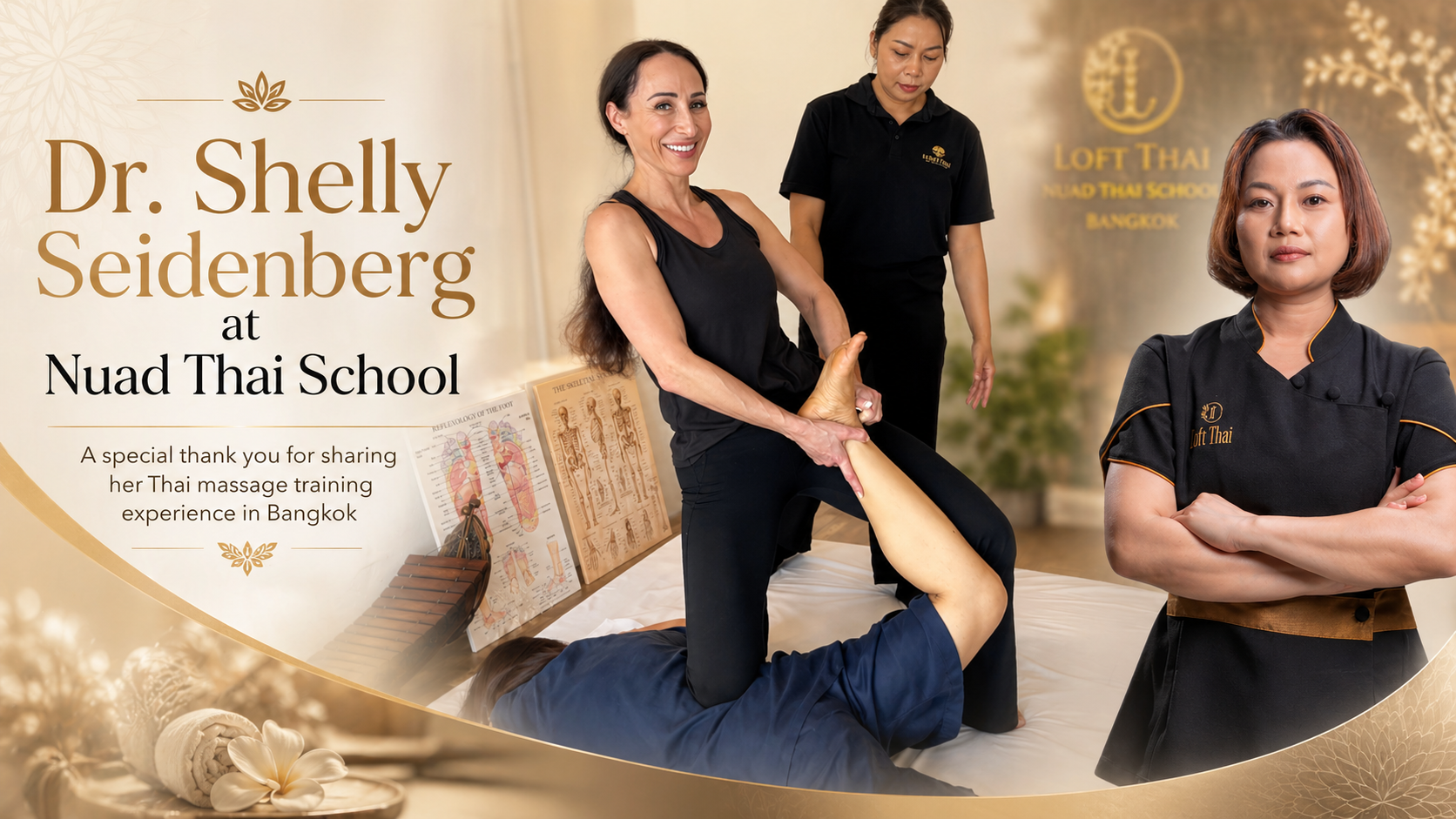 Dr. Shelly Seidenberg during private Thai massage training at Nuad Thai School in Bangkok