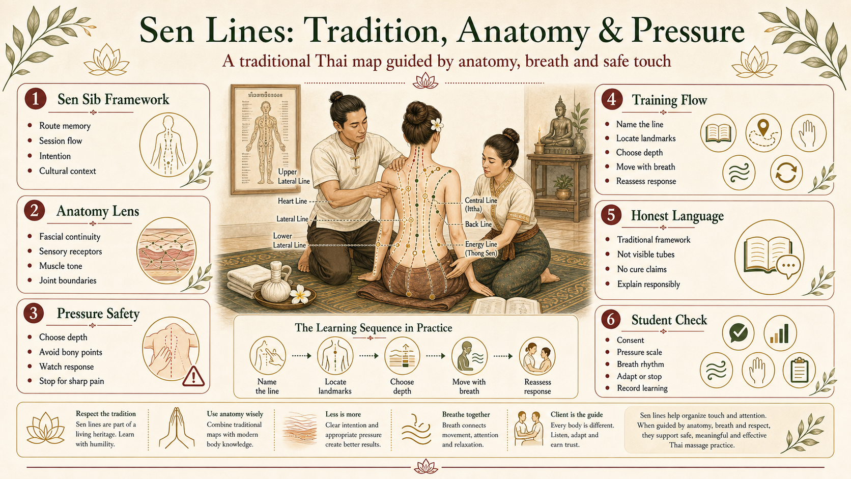 Infographic explaining Sen lines as a traditional Thai map guided by anatomy, breath, pressure safety and responsible language