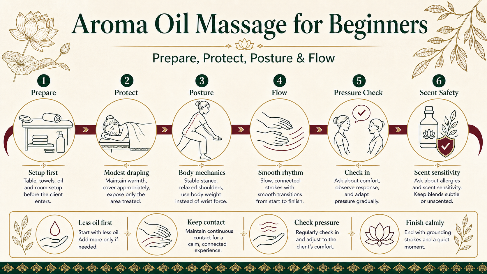 Infographic explaining beginner aroma oil massage foundations including setup, draping, posture, flow, pressure checks and scent safety