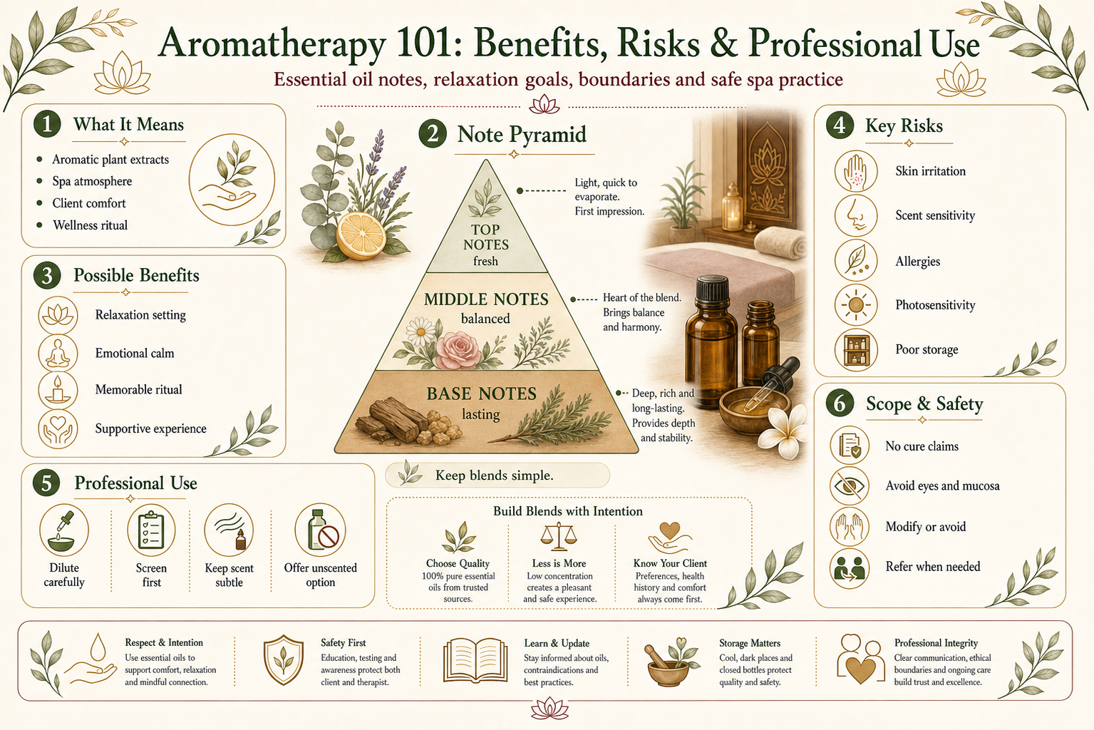 Infographic explaining aromatherapy essential oil notes, possible benefits, risks, professional use and safety boundaries