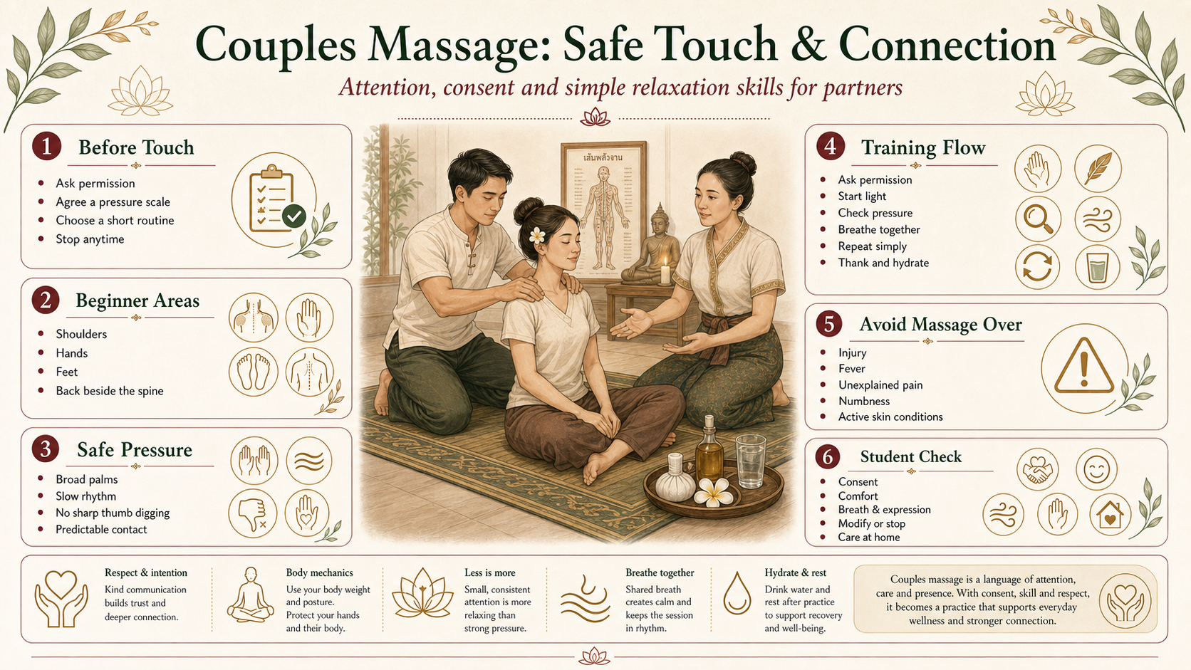 Infographic explaining couples massage consent, beginner areas, safe pressure and home-practice safety checks