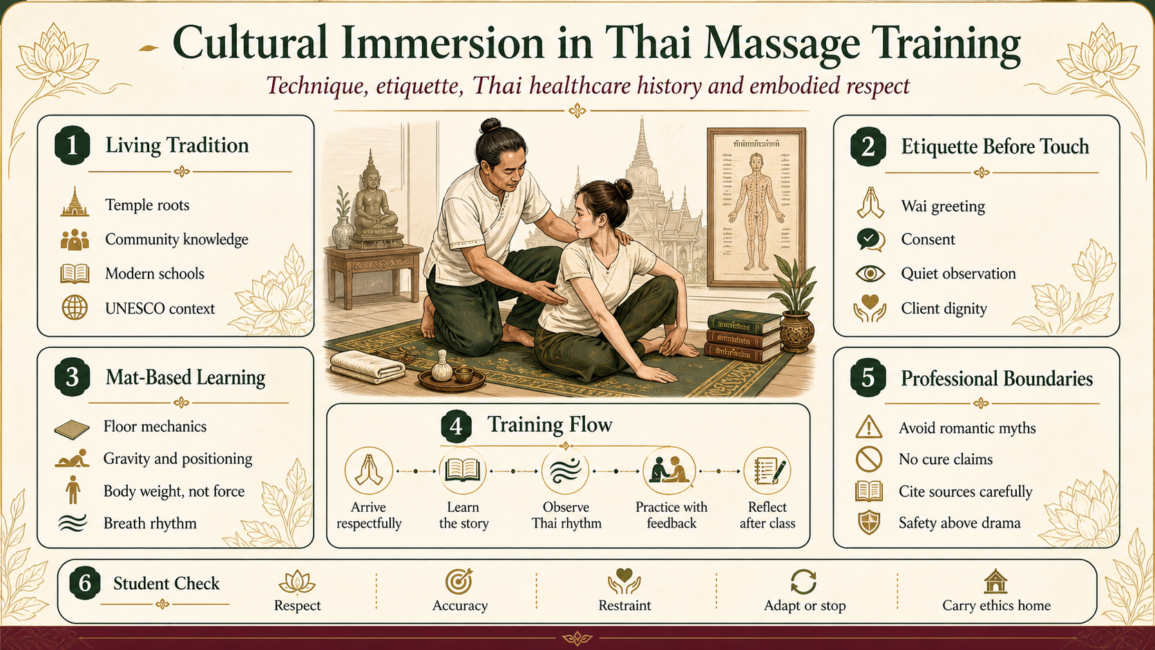 Infographic explaining cultural immersion, Thai massage etiquette, mat-based learning and professional boundaries