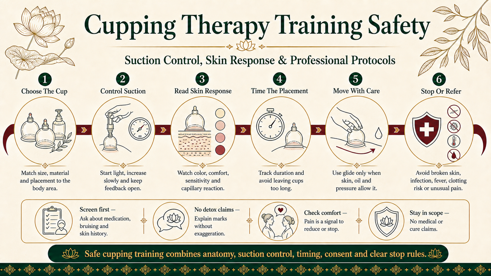 Infographic explaining cupping therapy training safety, including cup selection, suction control, skin response, placement timing, moving cupping and stop rules