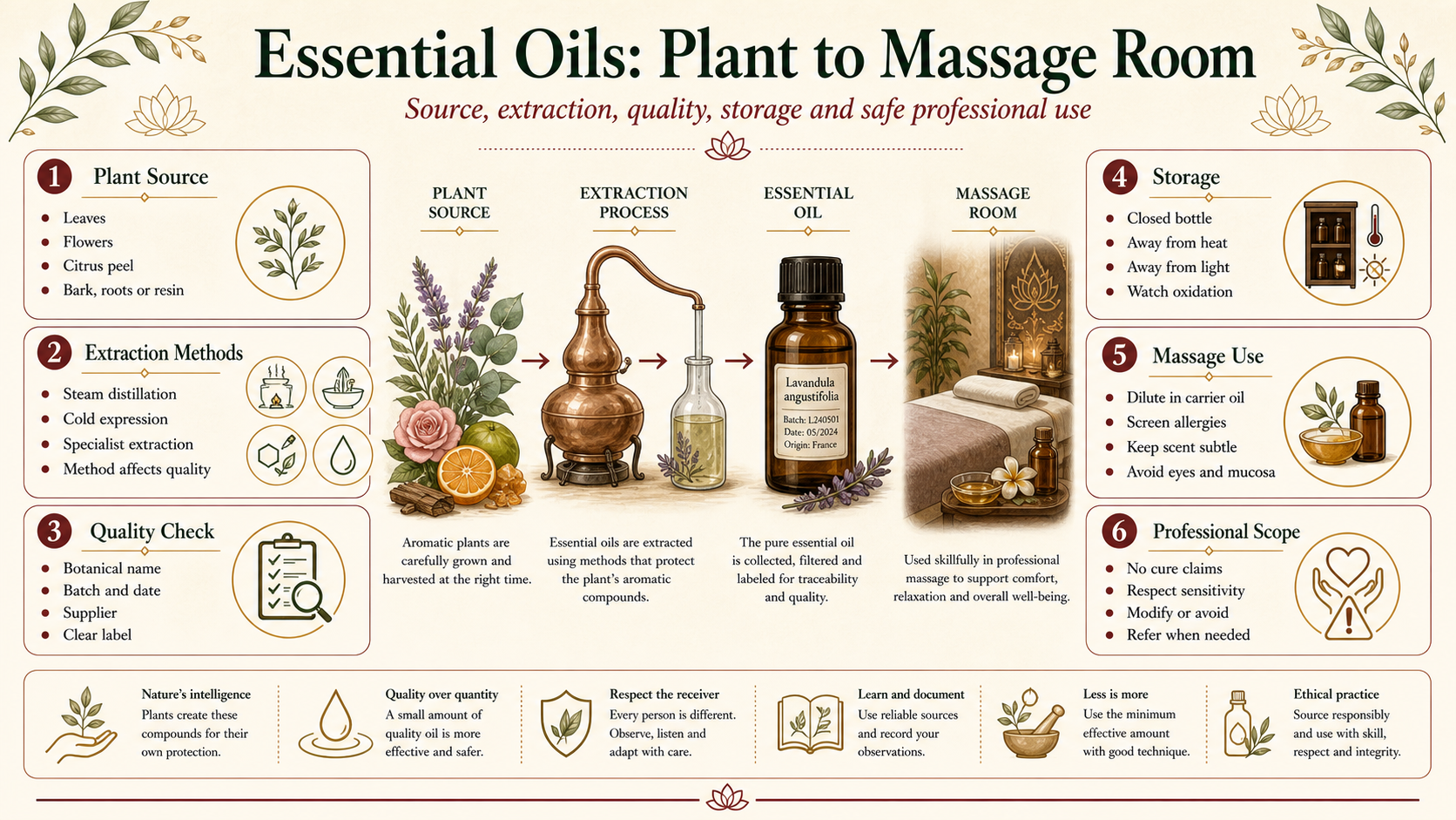 Infographic explaining how essential oils move from plant source through extraction, quality checks, storage and safe massage use