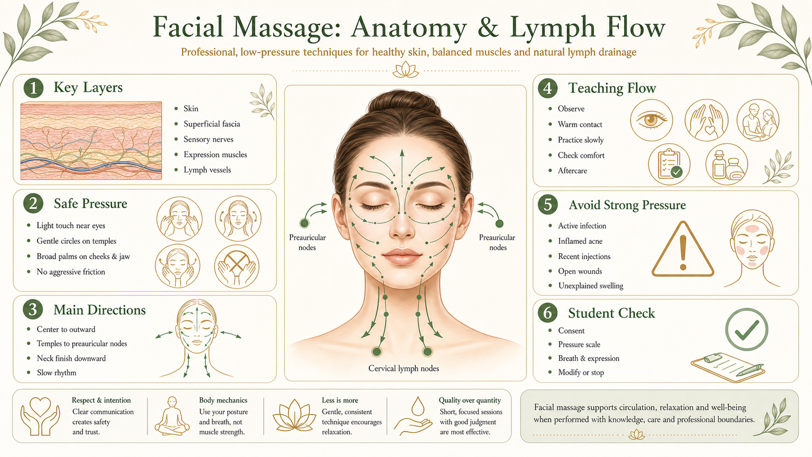 Infographic explaining facial massage anatomy, lymph flow, safe pressure and student safety checks