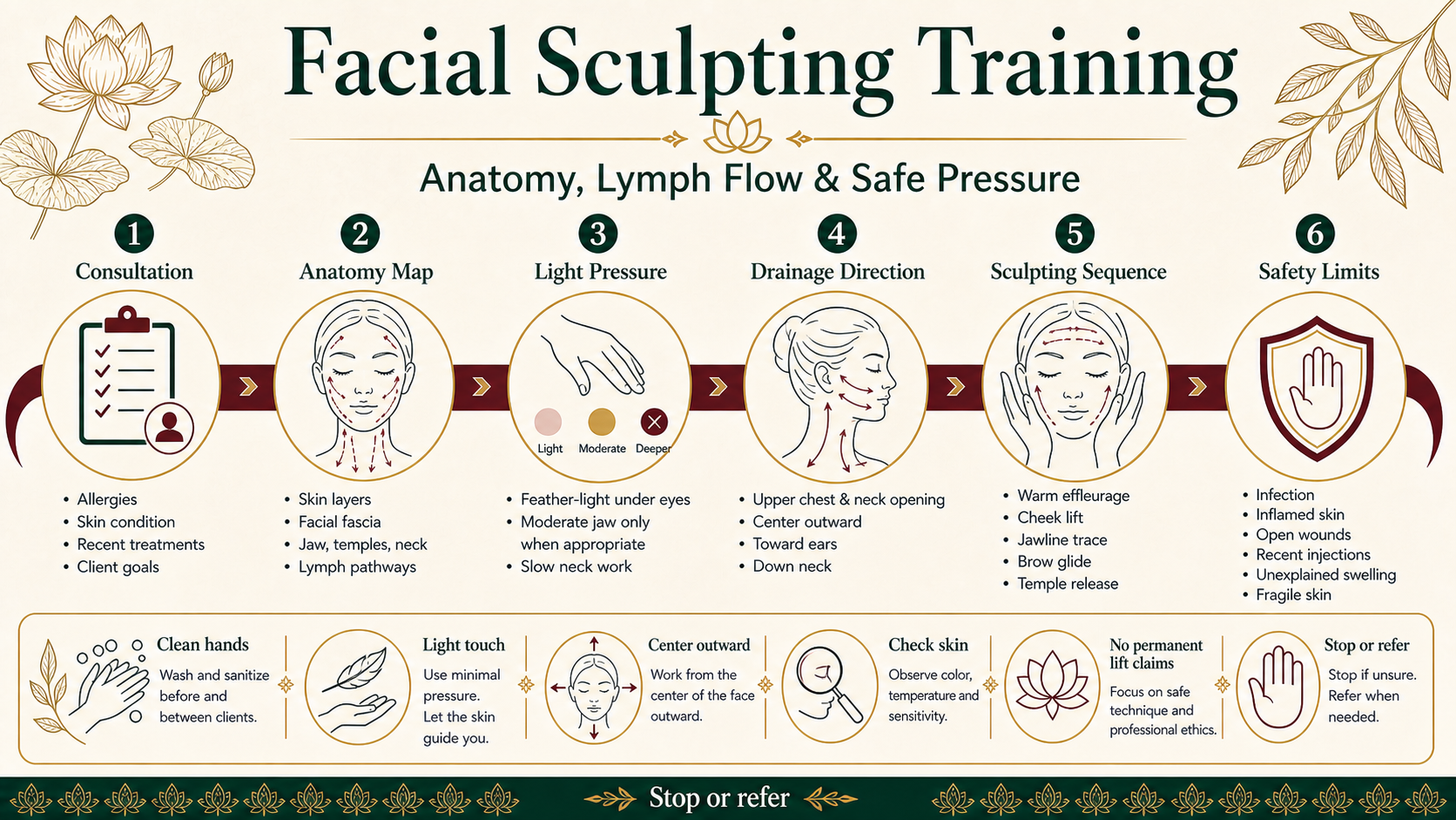 Infographic explaining facial sculpting training including consultation, facial anatomy, light pressure, drainage direction, sculpting sequence and safety limits