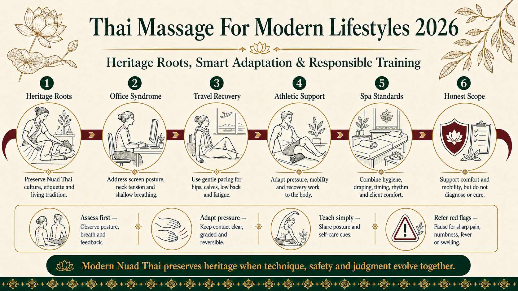 Infographic explaining how Thai massage is evolving for modern lifestyles in 2026, including heritage roots, office syndrome, travel recovery, athletic support, spa standards and honest scope