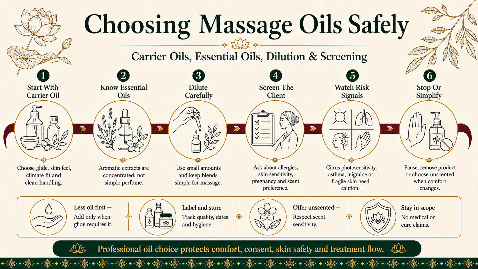 Infographic explaining how to choose carrier oils and essential oils for massage safely, including dilution, client screening, scent sensitivity, storage and scope of practice