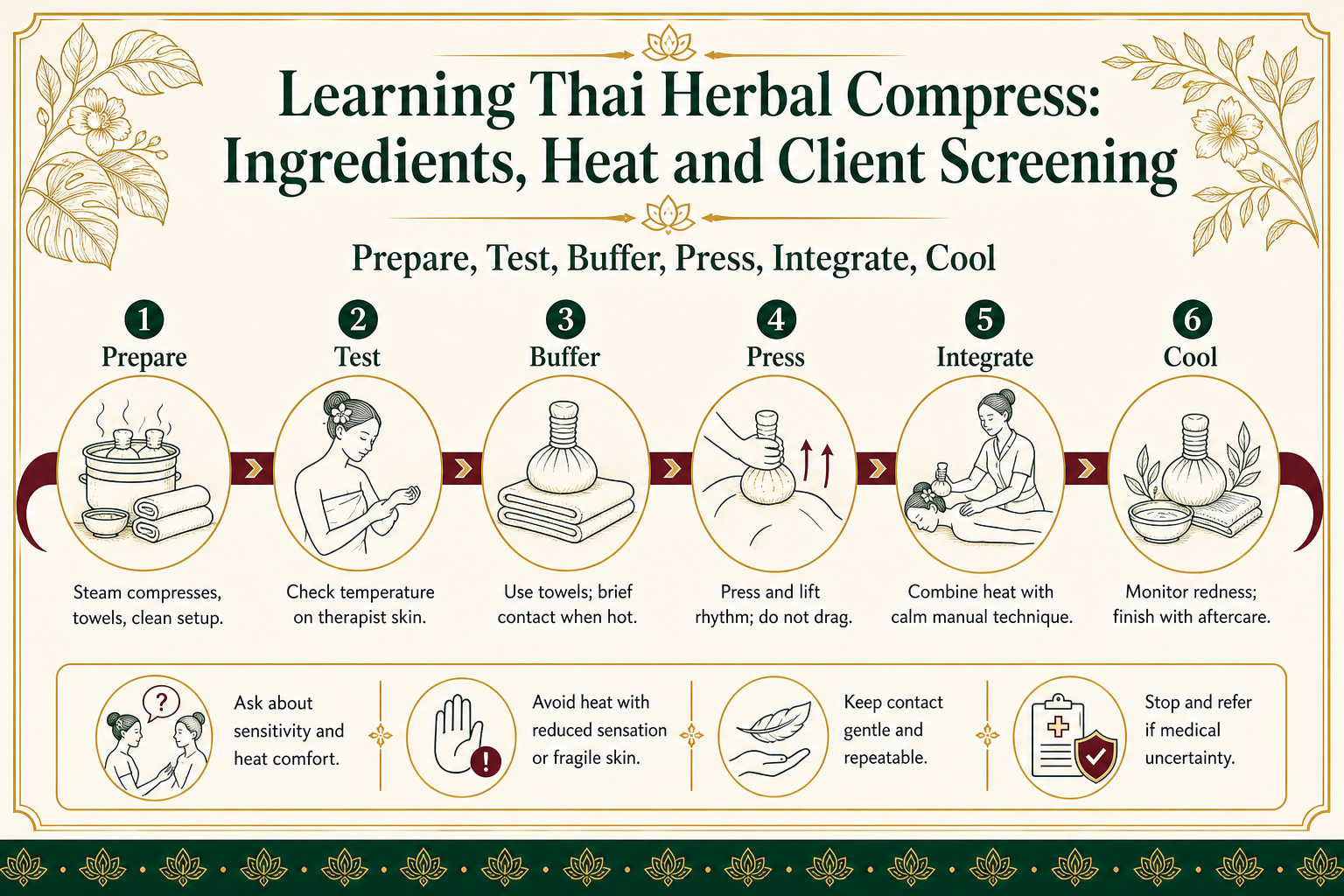 Learning Thai Herbal Compress: Ingredients, Heat and Client Screening infographic for massage students