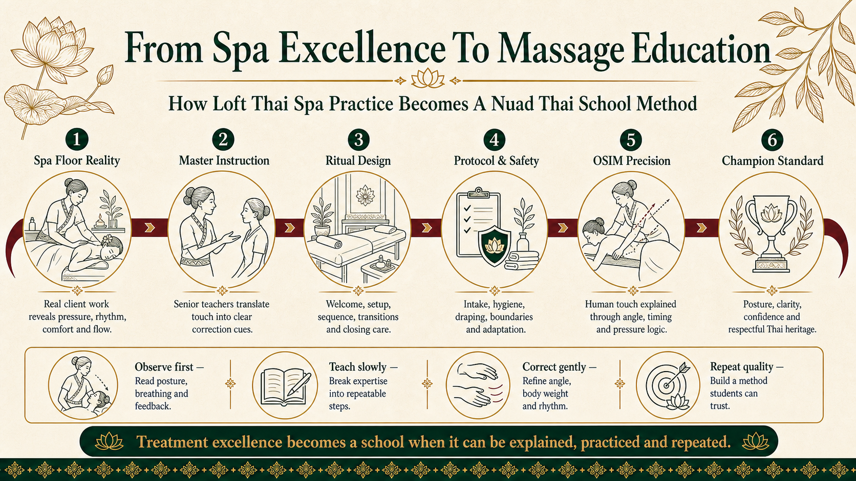 Infographic explaining how Loft Thai Spa treatment excellence becomes a Nuad Thai School massage training method through observation, master instruction, ritual design, protocol, precision and champion standards