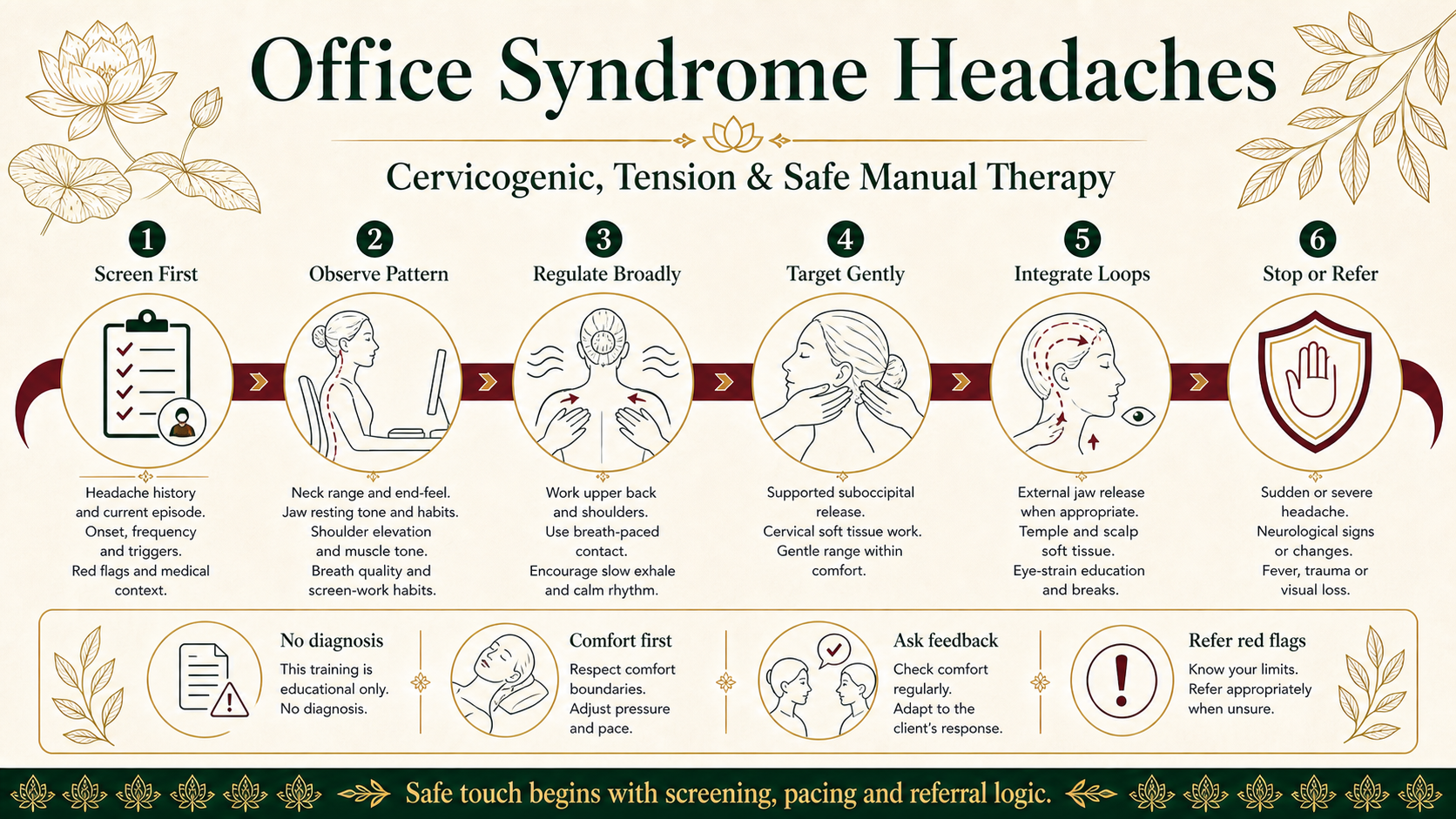 Infographic explaining office syndrome headaches including screening, observation, broad regulation, gentle suboccipital work, jaw and eye-strain loops and referral red flags