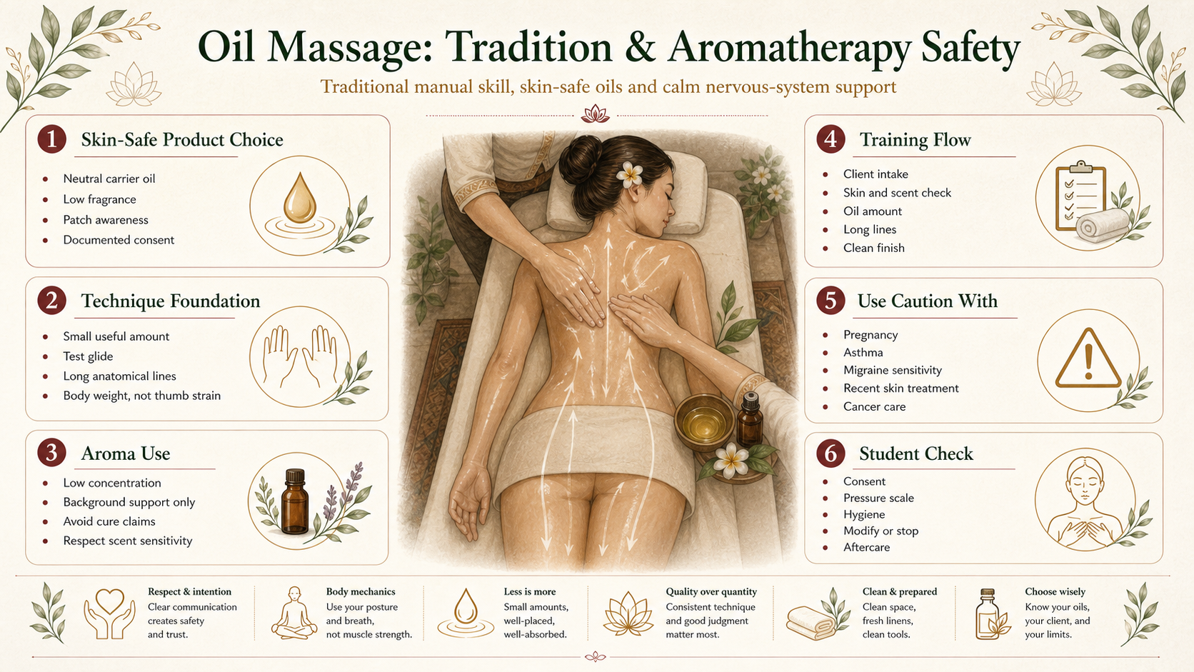 Infographic explaining oil massage product choice, aromatherapy safety, technique flow and student safety checks