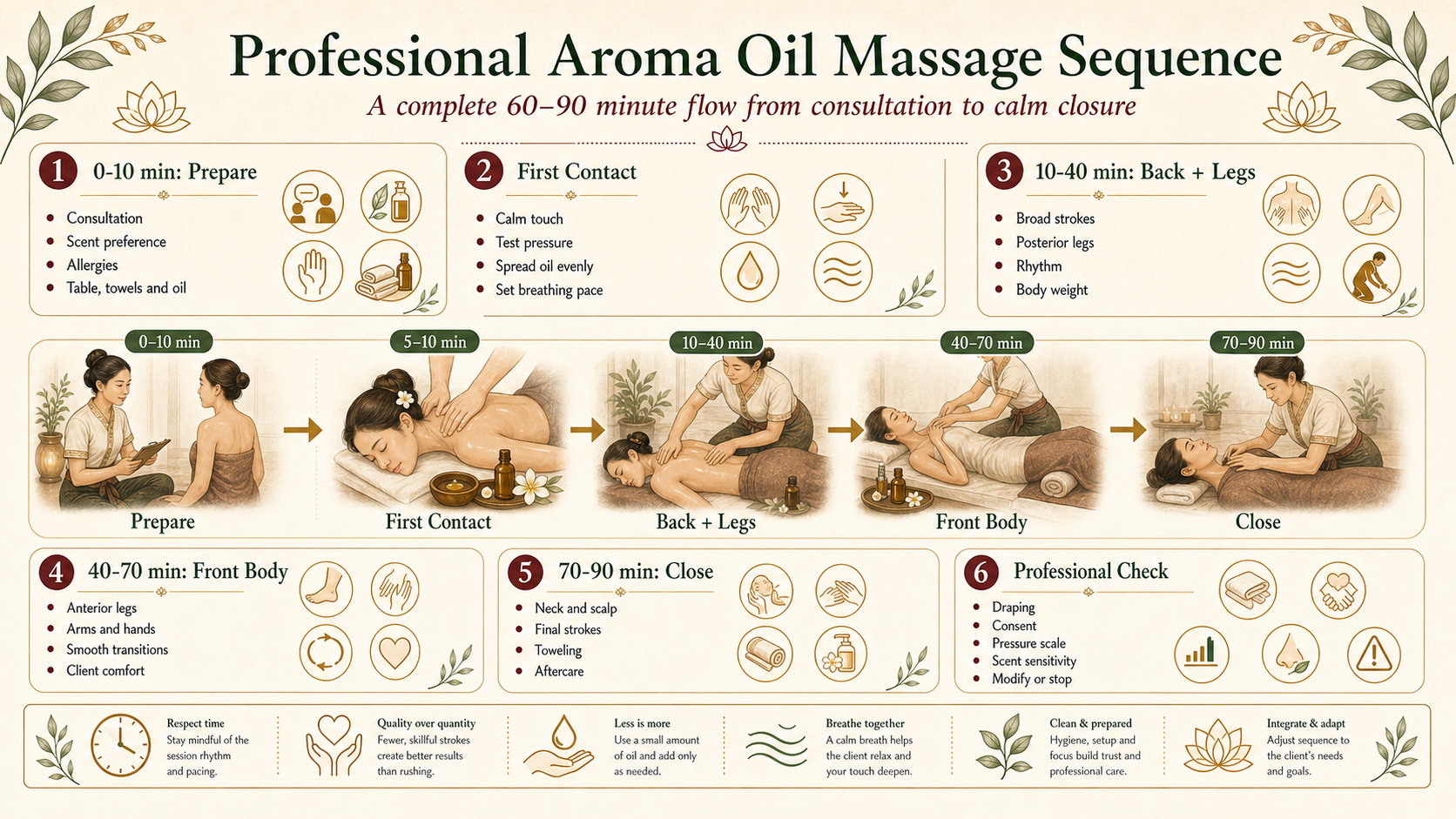 Infographic showing a professional aroma oil massage sequence from consultation through back, legs, arms, neck, scalp and calm closure