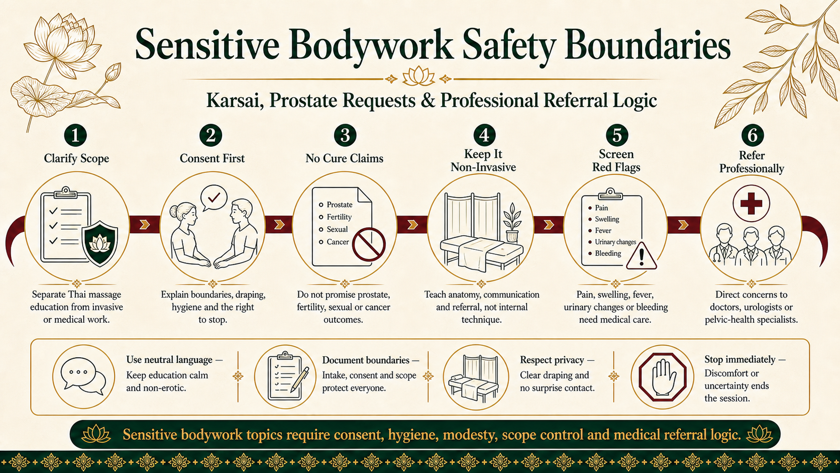 Infographic explaining safety boundaries for Karsai, prostate and testicle massage requests, including consent, hygiene, non-invasive scope, medical red flags and professional referral