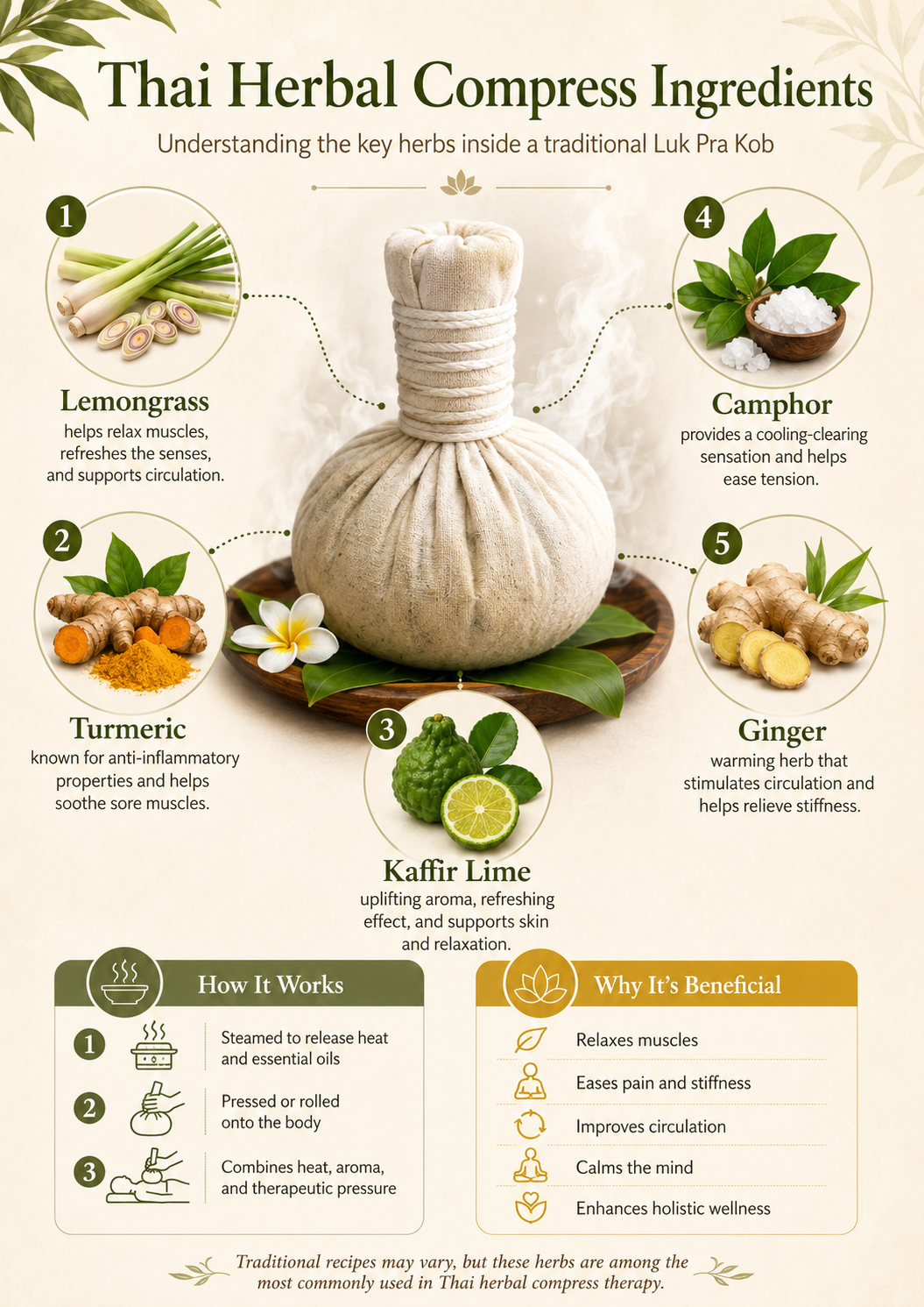 Thai herbal compress ingredients infographic with lemongrass, turmeric, kaffir lime, camphor and ginger