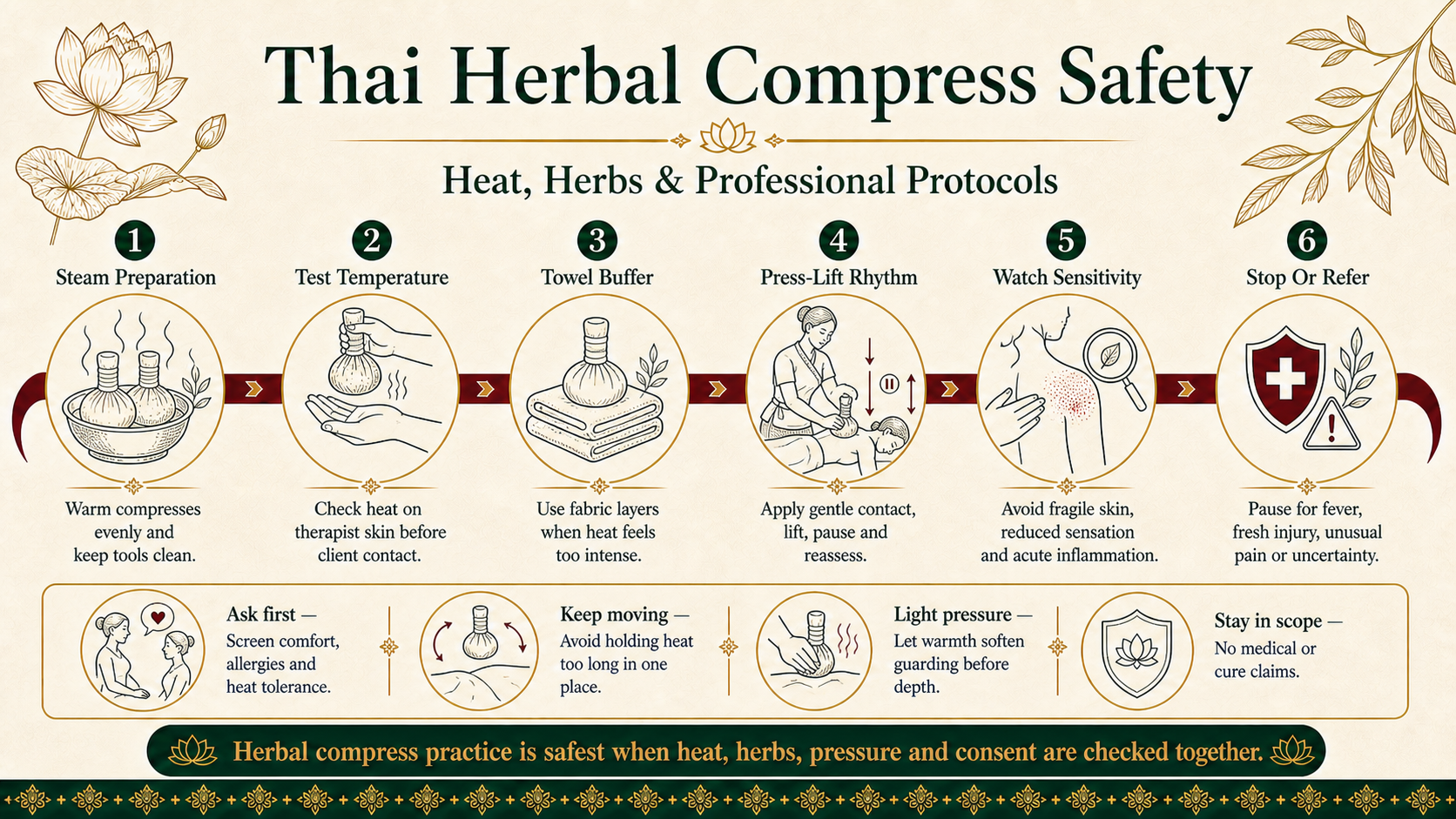 Infographic explaining Thai herbal compress safety, including steam preparation, temperature testing, towel buffering, press-lift rhythm, sensitivity screening and stop rules