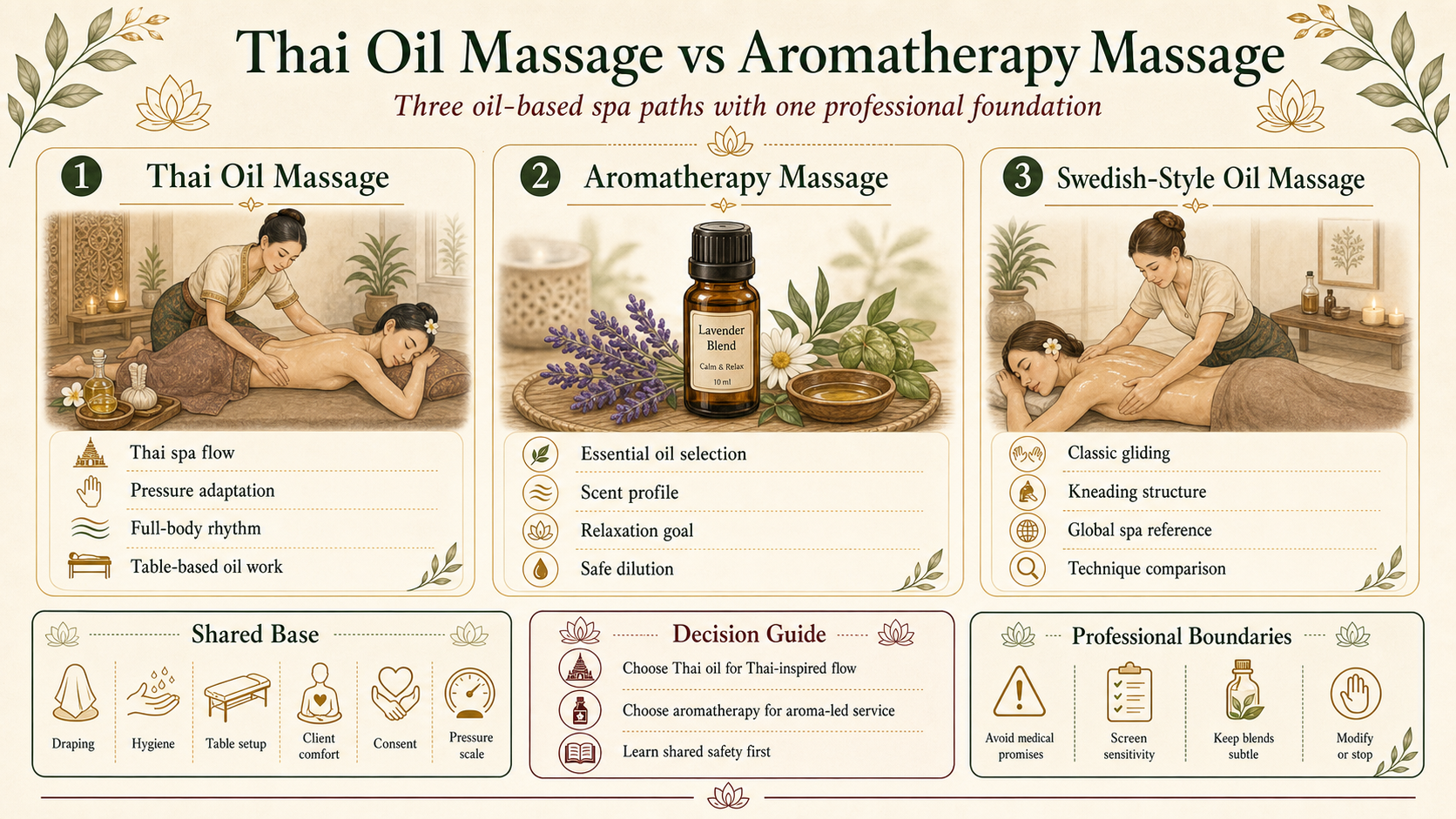 Infographic comparing Thai oil massage, aromatherapy massage and Swedish-style oil massage with shared professional foundations