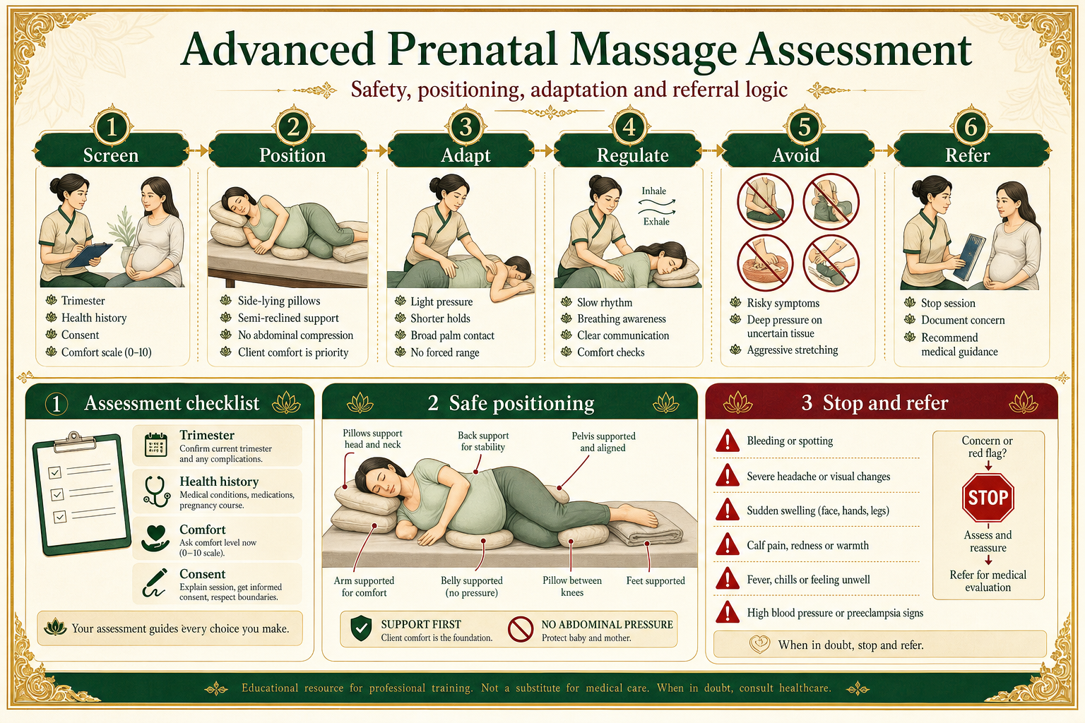 Advanced Prenatal Massage Assessment, Safety and Contraindications infographic for massage students