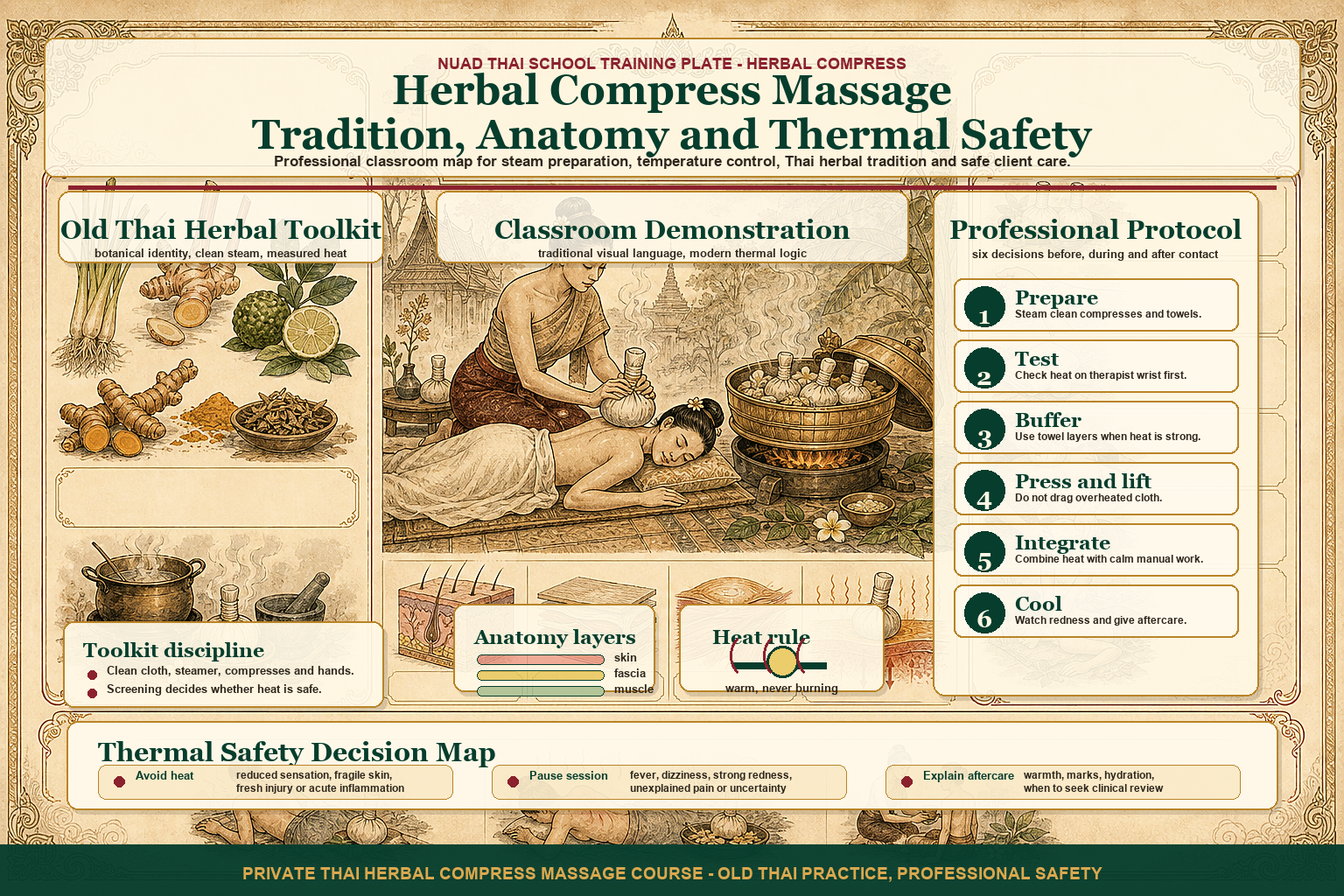Herbal Compress Massage: Tradition, Anatomy and Thermal Safety infographic for massage students