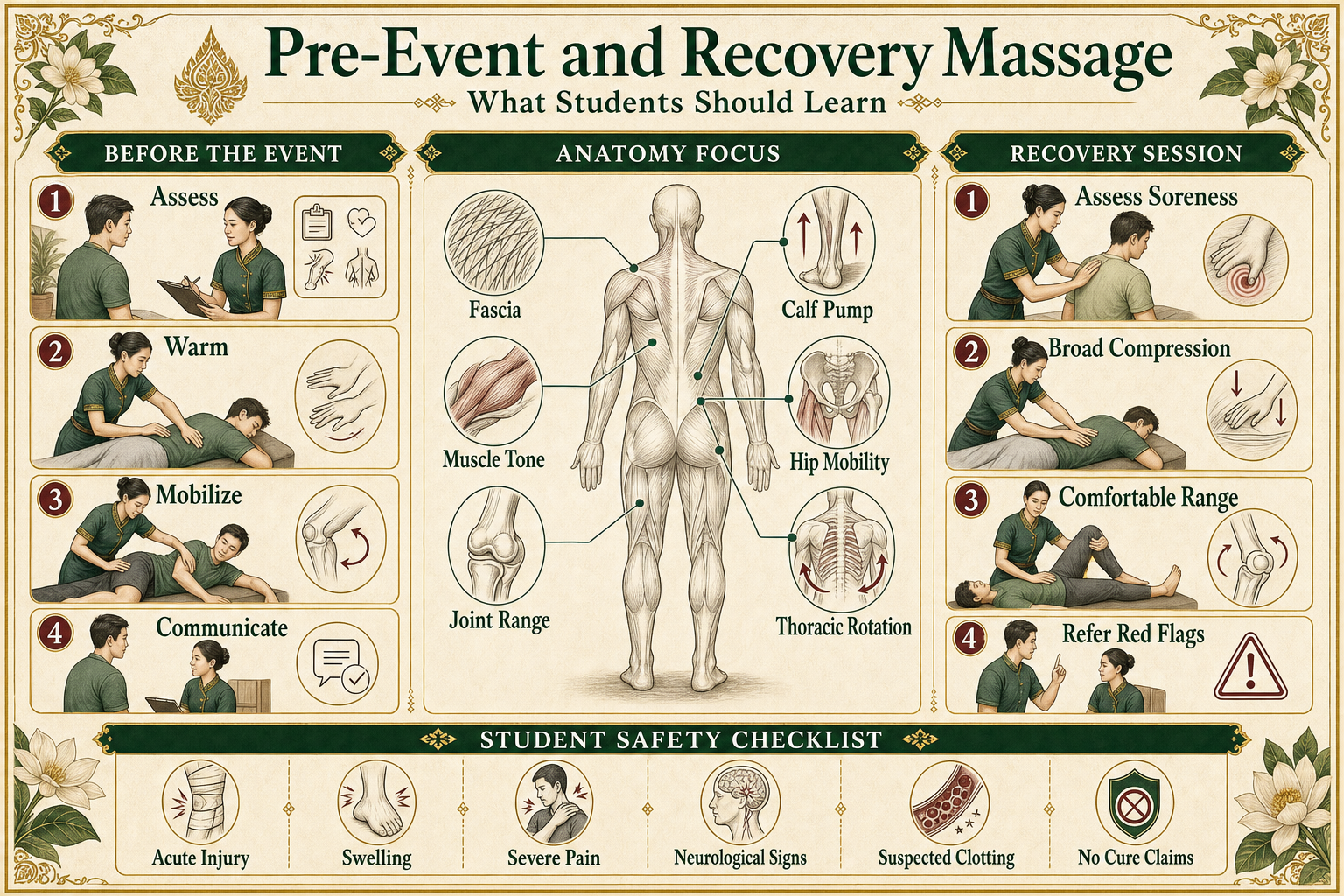 Pre-Event and Recovery Massage: What Students Should Learn infographic for massage students