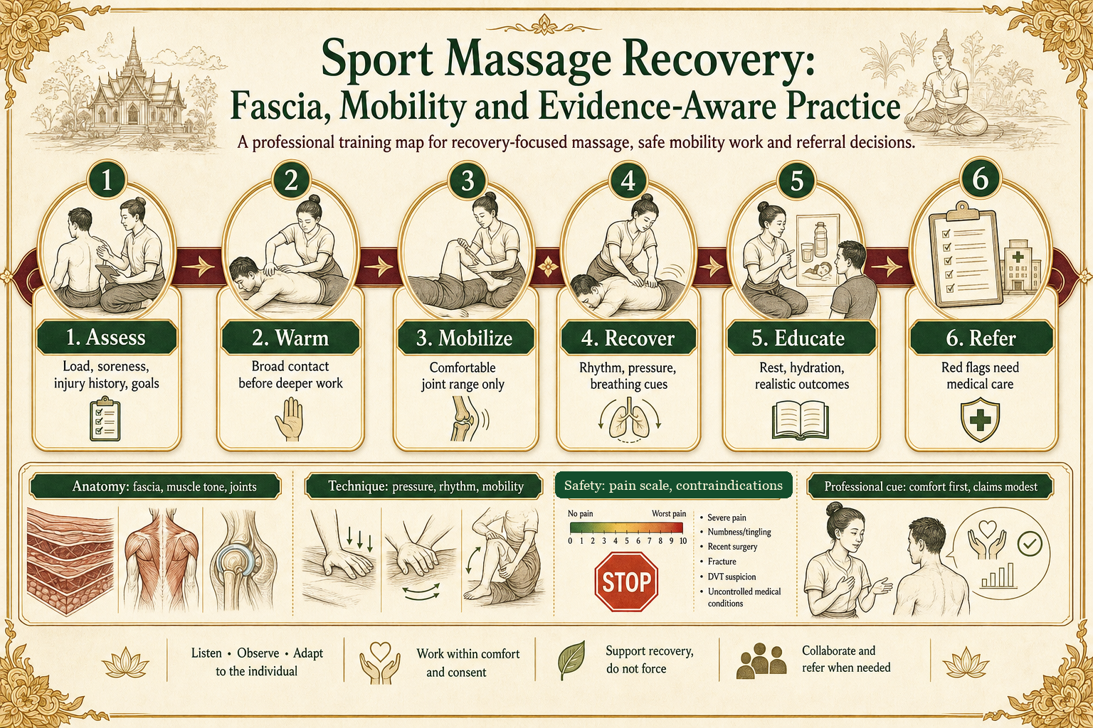 Sport Massage Recovery: Fascia, Mobility and Evidence-Aware Practice infographic for massage students