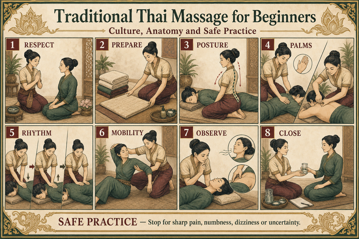 Traditional Thai Massage for Beginners: Culture, Anatomy and Practice infographic for massage students