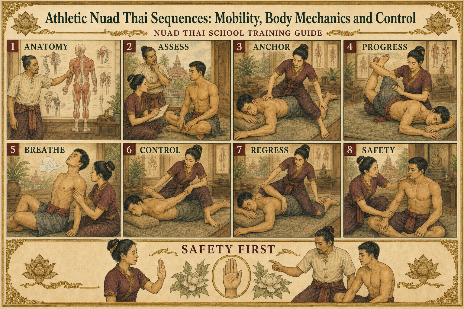 Athletic Nuad Thai Sequences: Mobility, Body Mechanics and Control infographic for massage students
