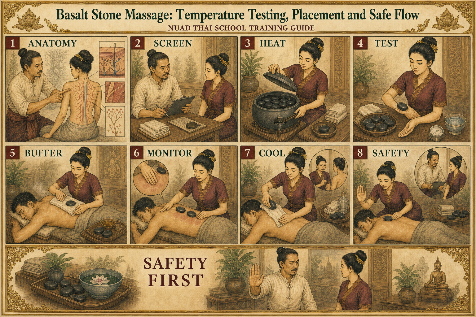 Basalt Stone Massage: Temperature Testing, Placement and Safe Flow infographic for massage students