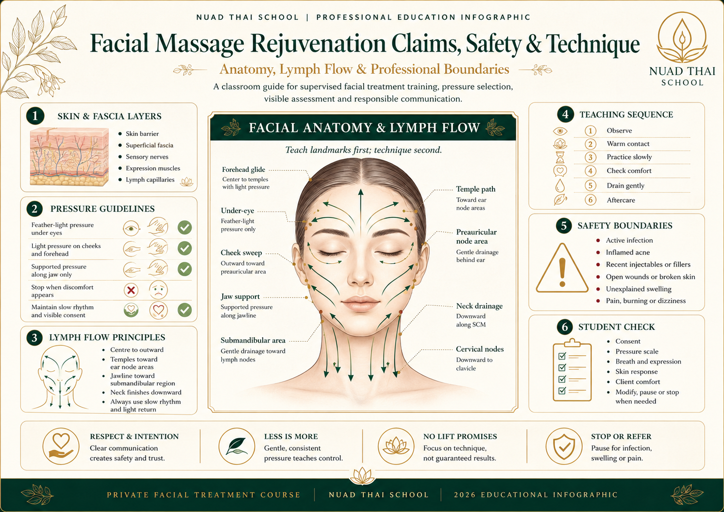 Facial Massage Anatomy: Lymph Flow, Skin Safety and Spa Technique infographic for massage students