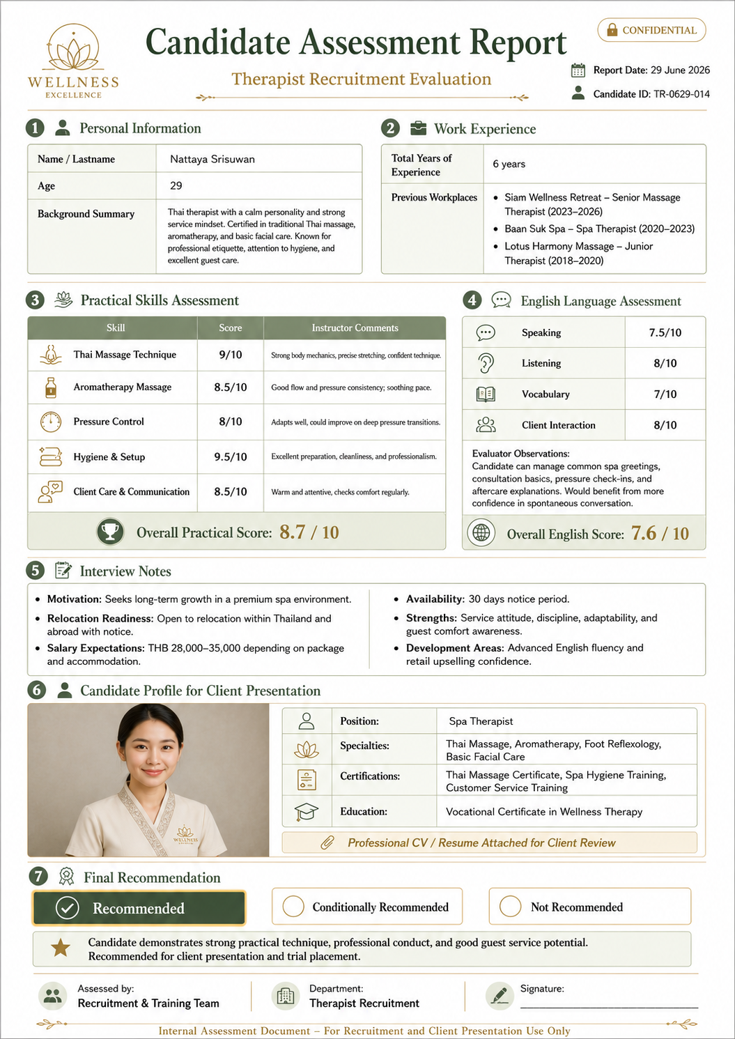 Example candidate assessment report for massage therapist recruitment