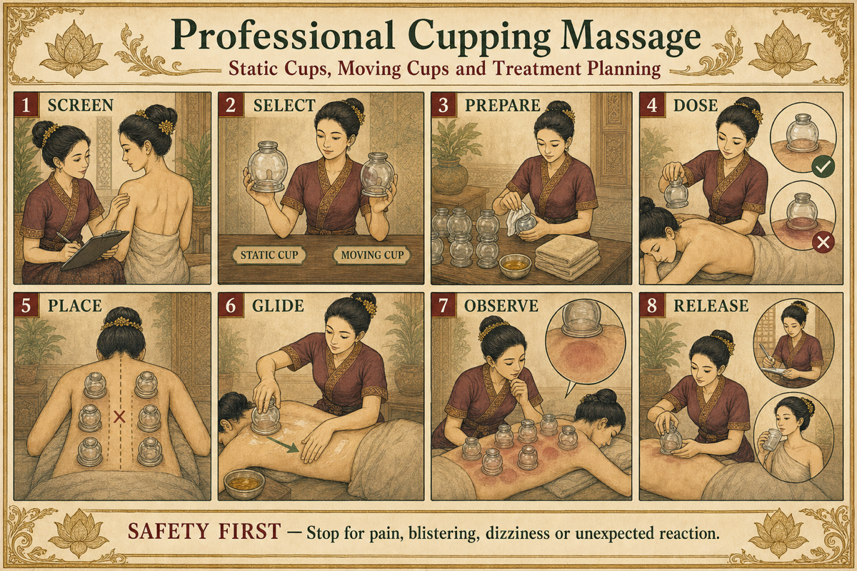 Professional Cupping Massage: Static Cups, Moving Cups and Treatment Planning infographic for massage students