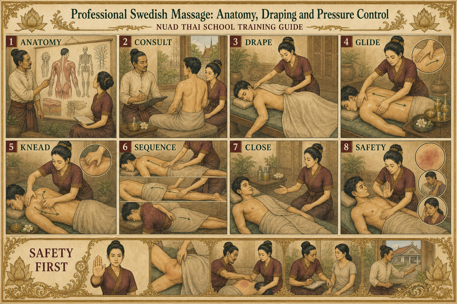 Professional Swedish Massage: Anatomy, Draping and Pressure Control infographic for massage students