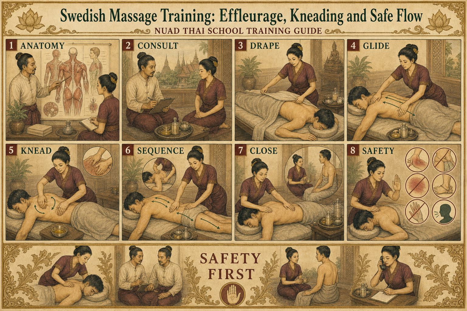 Swedish Massage Training: Effleurage, Kneading and Safe Flow infographic for massage students