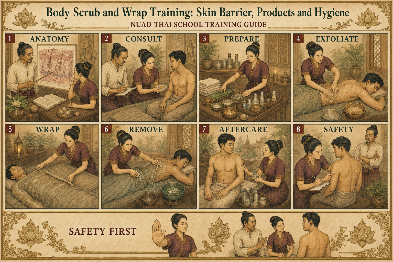 Body Scrub and Wrap Training: Skin Barrier, Products and Hygiene infographic for massage students