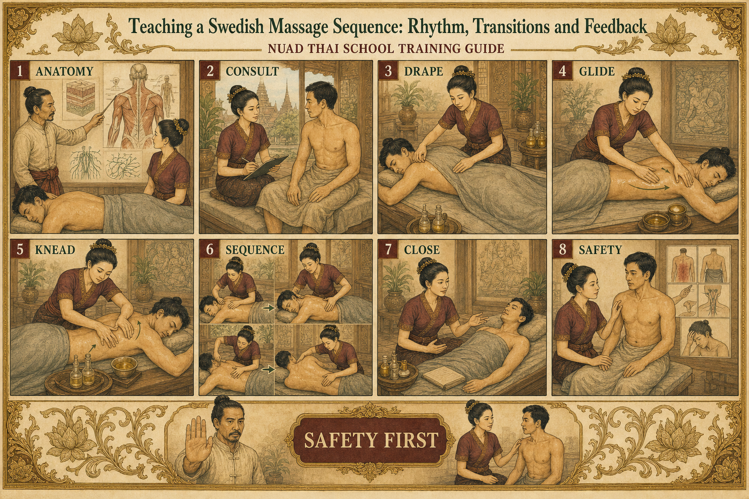 Teaching a Swedish Massage Sequence: Rhythm, Transitions and Feedback infographic for massage students