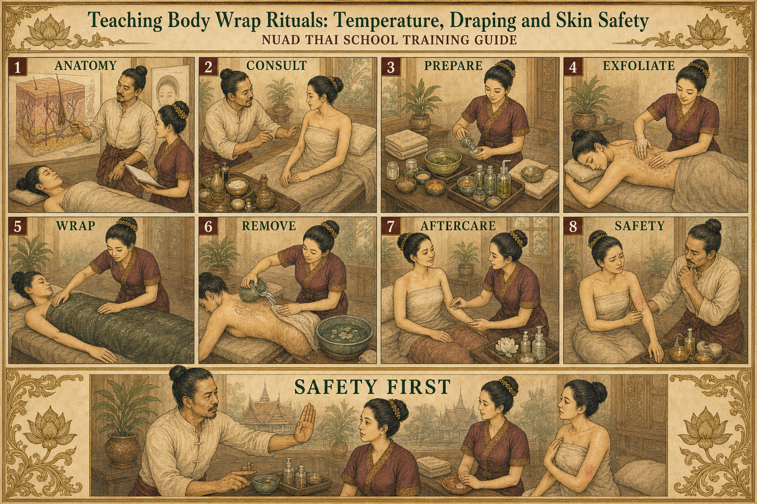 การสอนพิธี Body Wrap: อุณหภูมิ การคลุมผ้า และความปลอดภัยผิว infographic for massage students