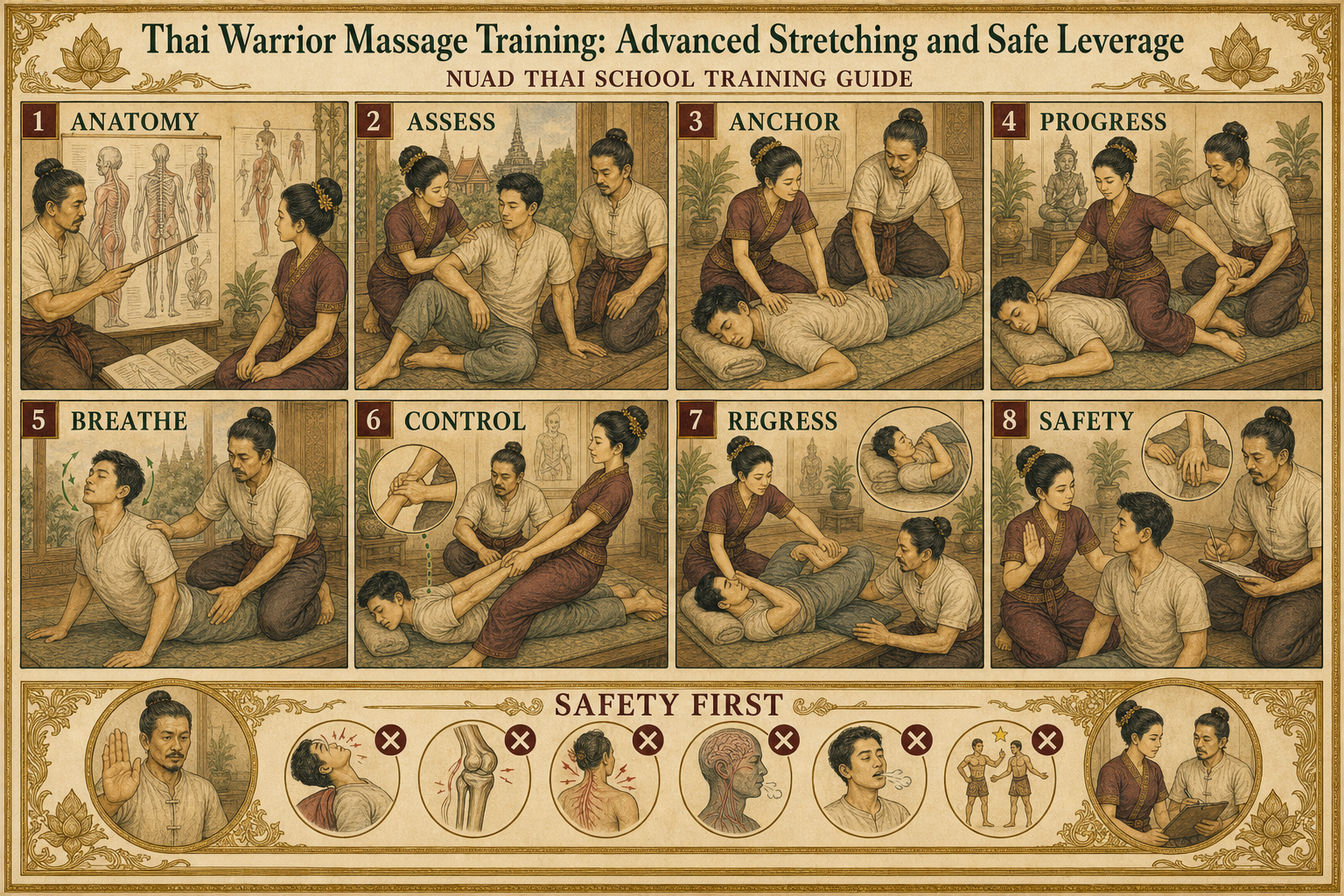 Thai Warrior Massage Training: Advanced Stretching and Safe Leverage infographic for massage students